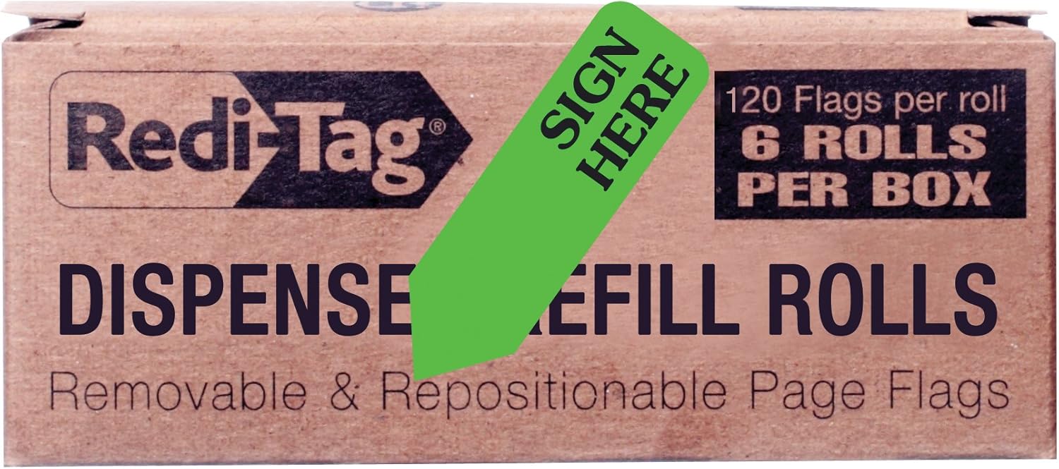 RediTag Sign Here Printed Arrow Flags, 6 Roll Refill, 120