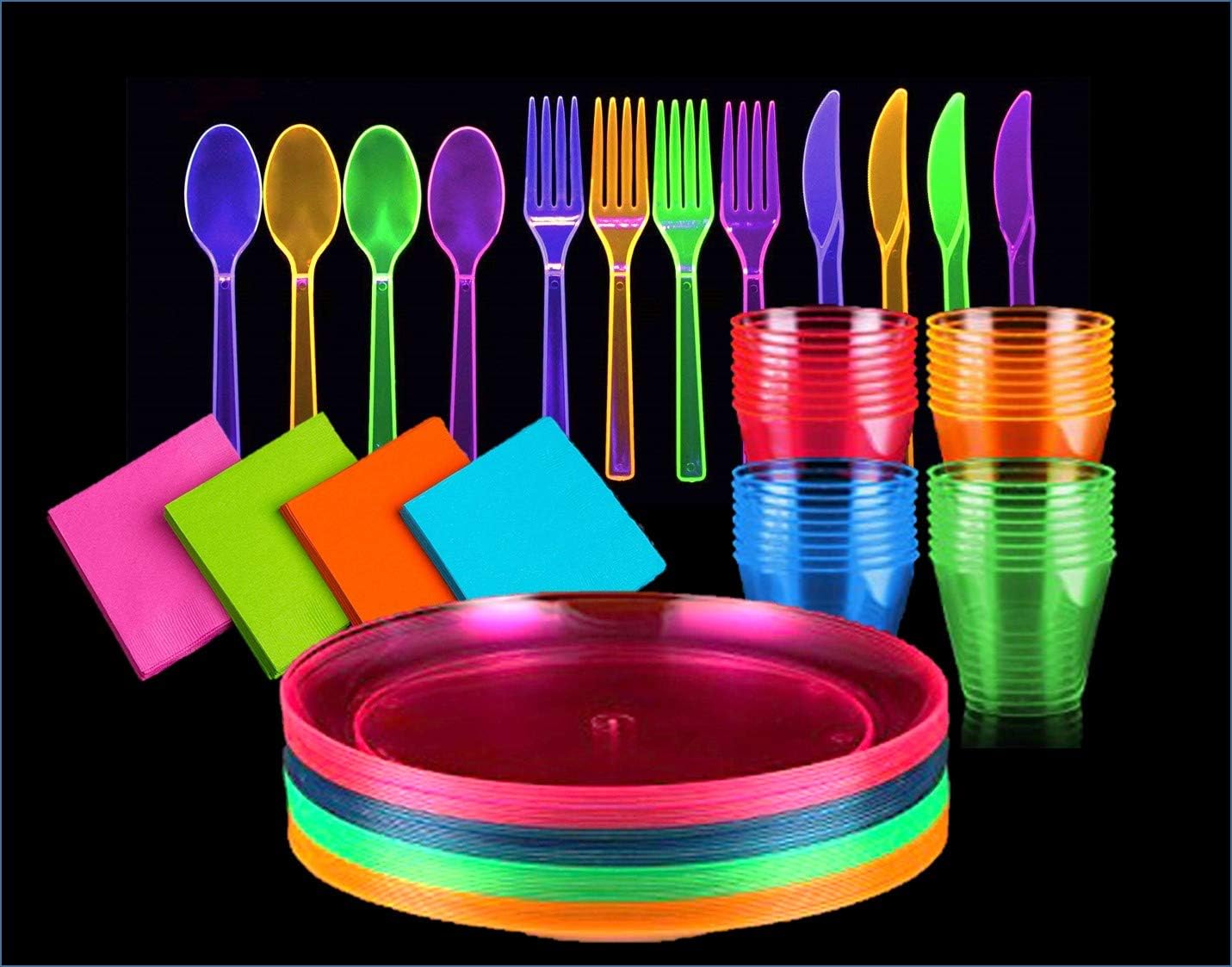 Bright Neon Party Supplies Set - Serves 32 Guest, Includes Plates, Cups Tumblers 9 Oz, Cutlery, Forks Knifes and Spoons and Napkins, 32 Of Each. Glow In the Dark Party Blacklight UV Parties.: Kitchen & Dining