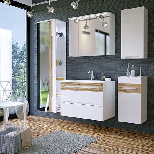 Naka24 Badmobel Set Galaxy V 80 Mit Waschbecken Keramik Led Komplettes Badmobel Set Weiss Hochglanz Eiche Matt Amazon De Kuche Haushalt