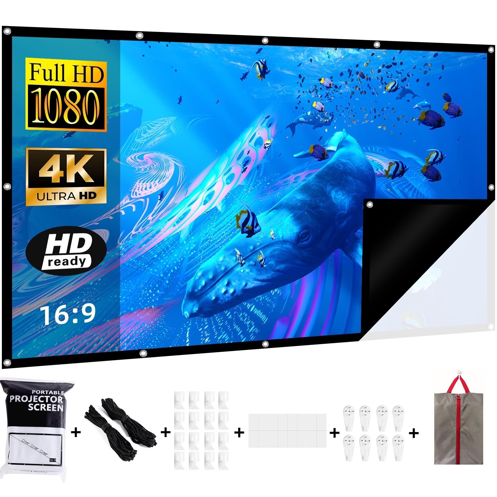Projector Screen 72 Inch + Black Back Counter Light Transmittance, 16:9/Wrinkle-Free/160°/Washable/Foldable, Indoor/Outdoor, Includes Nail Hooks and Handbag