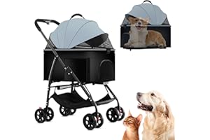 RKROUCO 3 in 1 Dog Strollers 4 Wheels Folding Pet Stroller with Detachable Carrier Multifunction Portable Dogs Travel Carriers for Medium Small Puppy Kittens