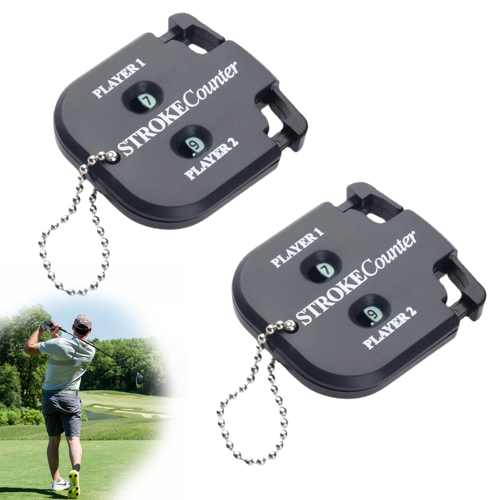 2 Packs Golf Score Indicator, 2 Player Portable Stroke Counter Clicker Handheld Scorer with Dial Reset Tool Key Chain, Mini Shot Score Keeper for Different Kinds of Outdoor Sport Competitions Games