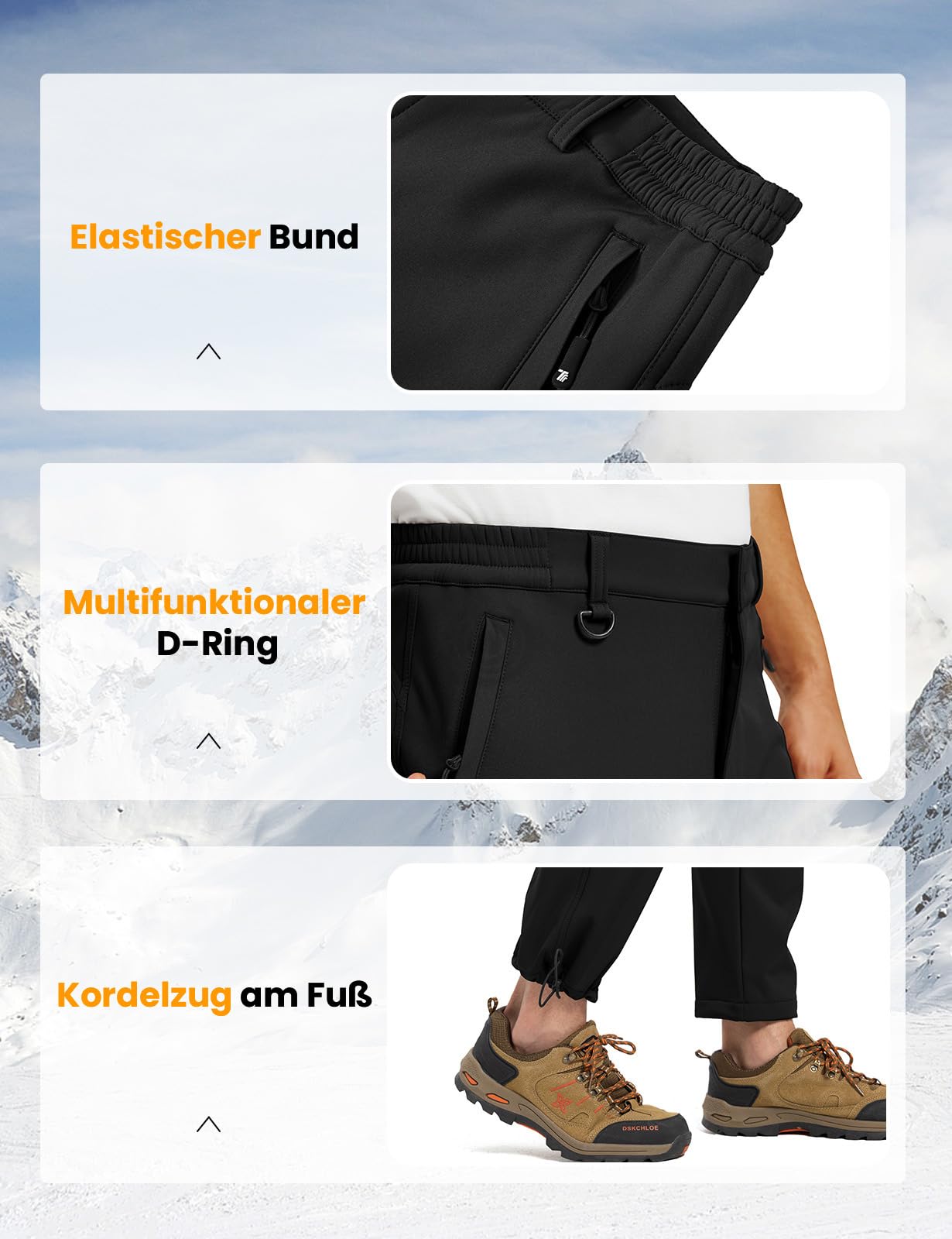 Rdruko Wanderhose Herren Skihose Wasserdicht Softshellhose Gefüttert Winddicht Thermohose Winter Outdoorhose Snowboardhose Trekkinghose - Schwarz, 32 4