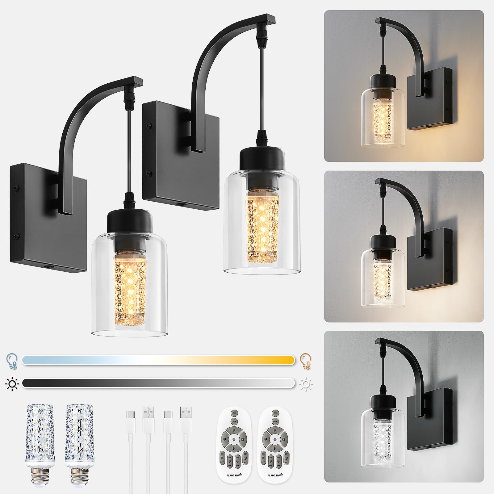 Photo 1 of PEESIN Modern Black Glass Battery Operated Wall Sconce, Wireless Wall Sconces with Remote, Dimmable 3000-6000K, Rechargeable 8000mAh Battery Powered Wall Lights for Bedroom - Includes Bulb