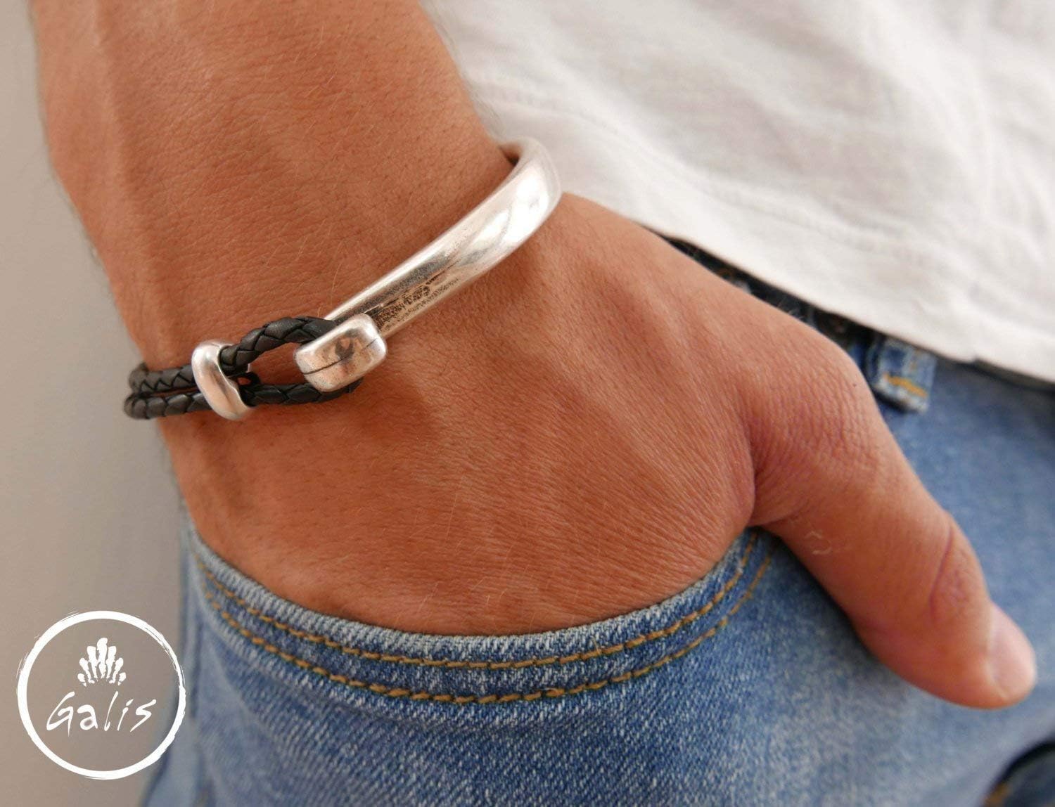 Cuff Bracelet For Men Made Of Half Black Genuine Leather and Half Silver Plated Brass - Cuff Bracelet For Men - Fit 7" Wrist Size