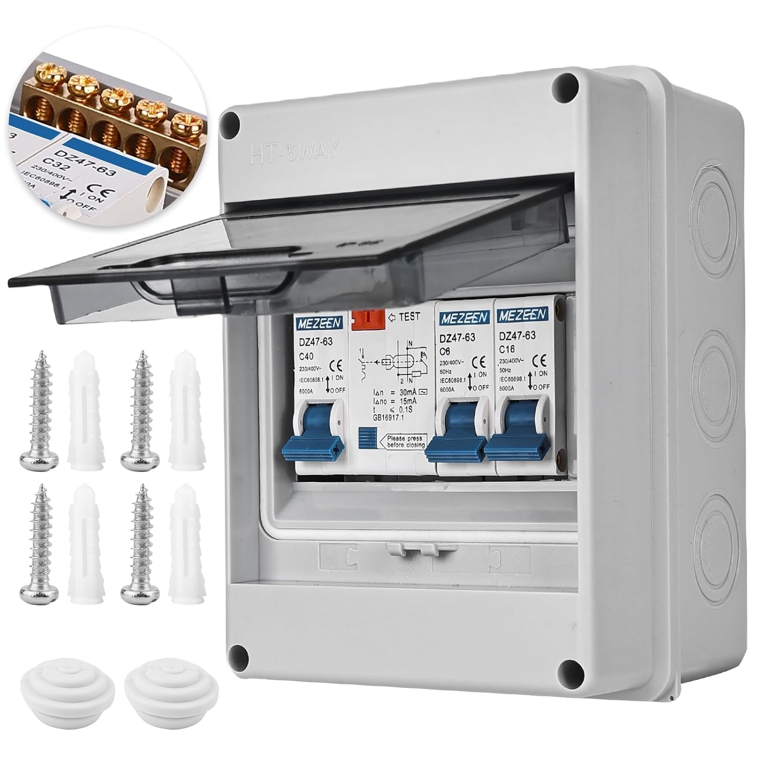 SPORWAY 2 Way Consumer Unit Circuit Breaker: Garage Consumer Unit Circuit Breaker Panel, IP65 Anti-Leakage Fuse Box for Garages Caravans Workshops 40A 30mA RCD 6A+16A (2 WAY)