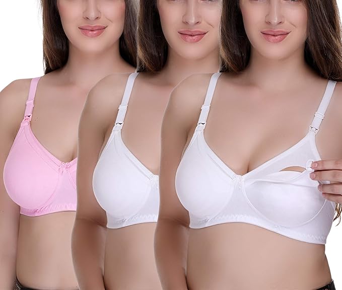 Women's Feeding Bra Full Cup Hosiery Cotton Breastfeeding Nursing Maternity (Multicoloured) Combo Pack of 3