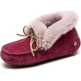 U-lite Women's Moccasin Slippers with Warm Wool Lining, Pigskin Leather Non-Slip Rubber Sole for Indoor and Outdoor Casual Winter Flat Shoes