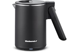 Elite Gourmet Dual Voltage 120-230V, Travel Double Wall Insulated Cool-Touch, 0.6L Electric Kettle Stainless Steel Interior, Hinged-Locking Lid, Auto Shut-Off, Boil Dry Protection, Black
