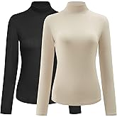Kindcall Women’s Slim Fitted Mock Turtleneck Tops Long Sleeve Lightweight Base Layer Shirts (4-Black/Beige 2Pack, Small)