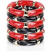 HVJ 6PCS Acrylic Stretchy Bracelet, Stackable Chunky Bracelets, Resin Bamboo Bead Bangle Bracelet for Women as Jewelry Gift