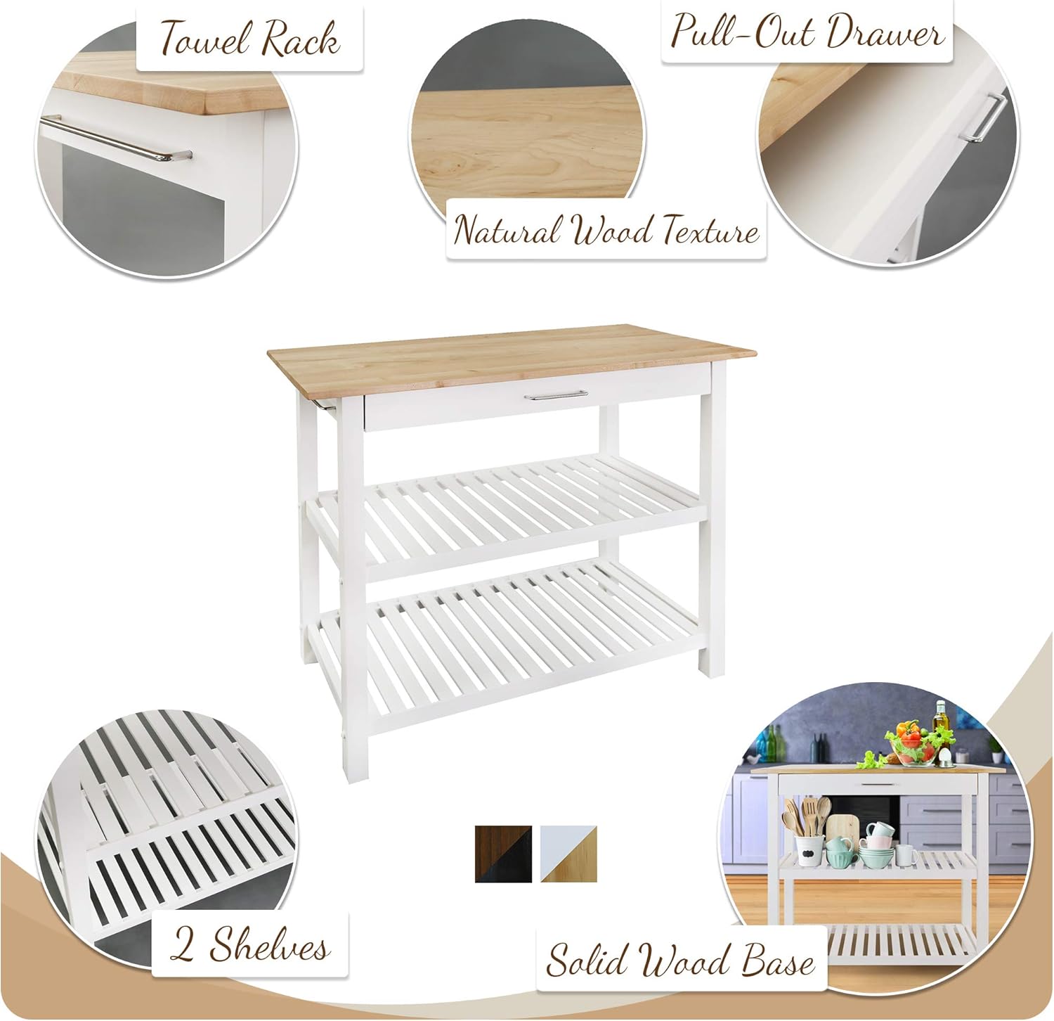 Casual Home Kitchen Island with Solid American Hardwood Top, Natural/White, 40" W (373-91): Furniture & Decor