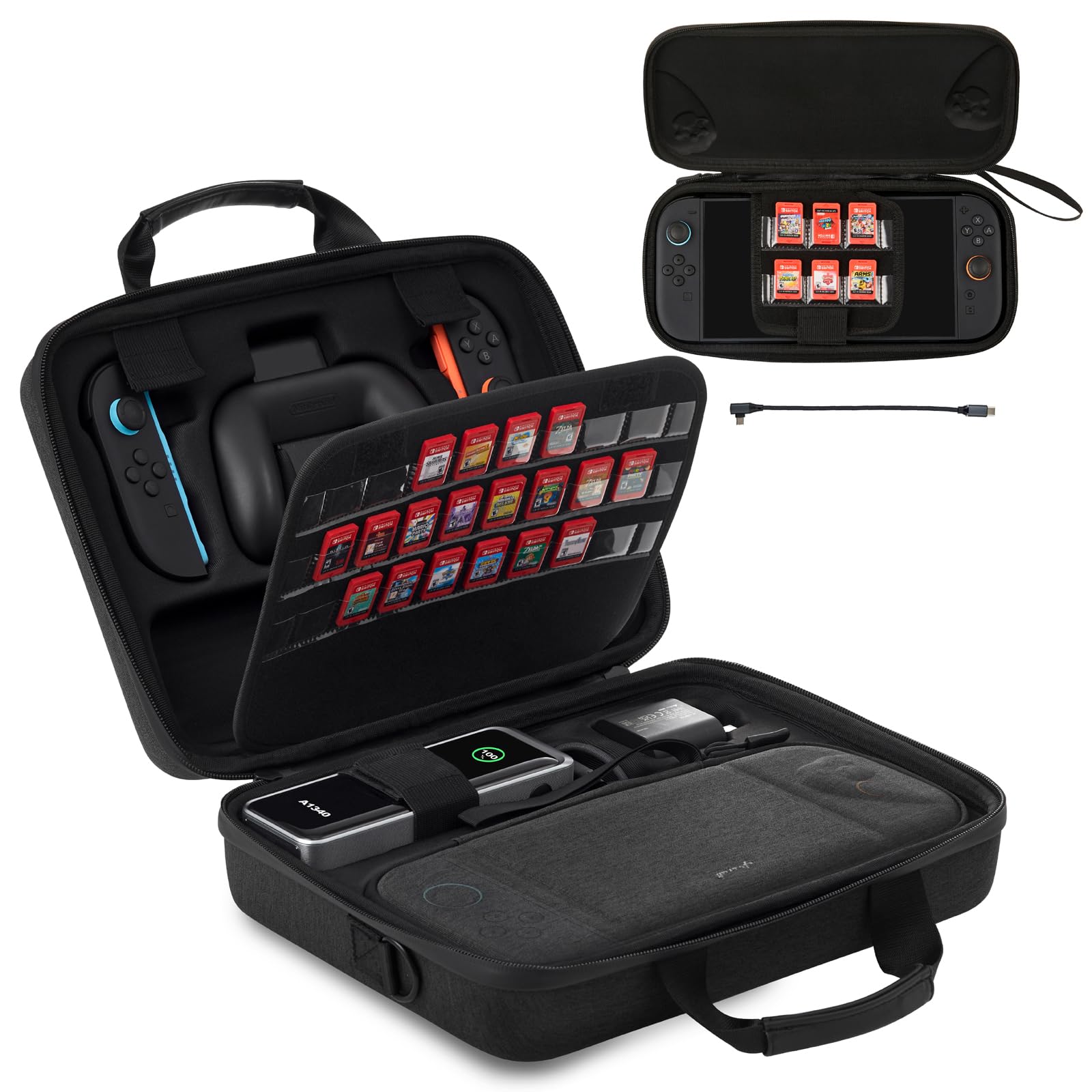 Switch 2 case - 2-in-1 Detachable Travel Bag for Nintendo Switch 2 with Dedicated Slot for Anker 737 Power Bank, Hard Shell Carrying Case with Shoulder Strap, PD Cable & Transparent Game Storage