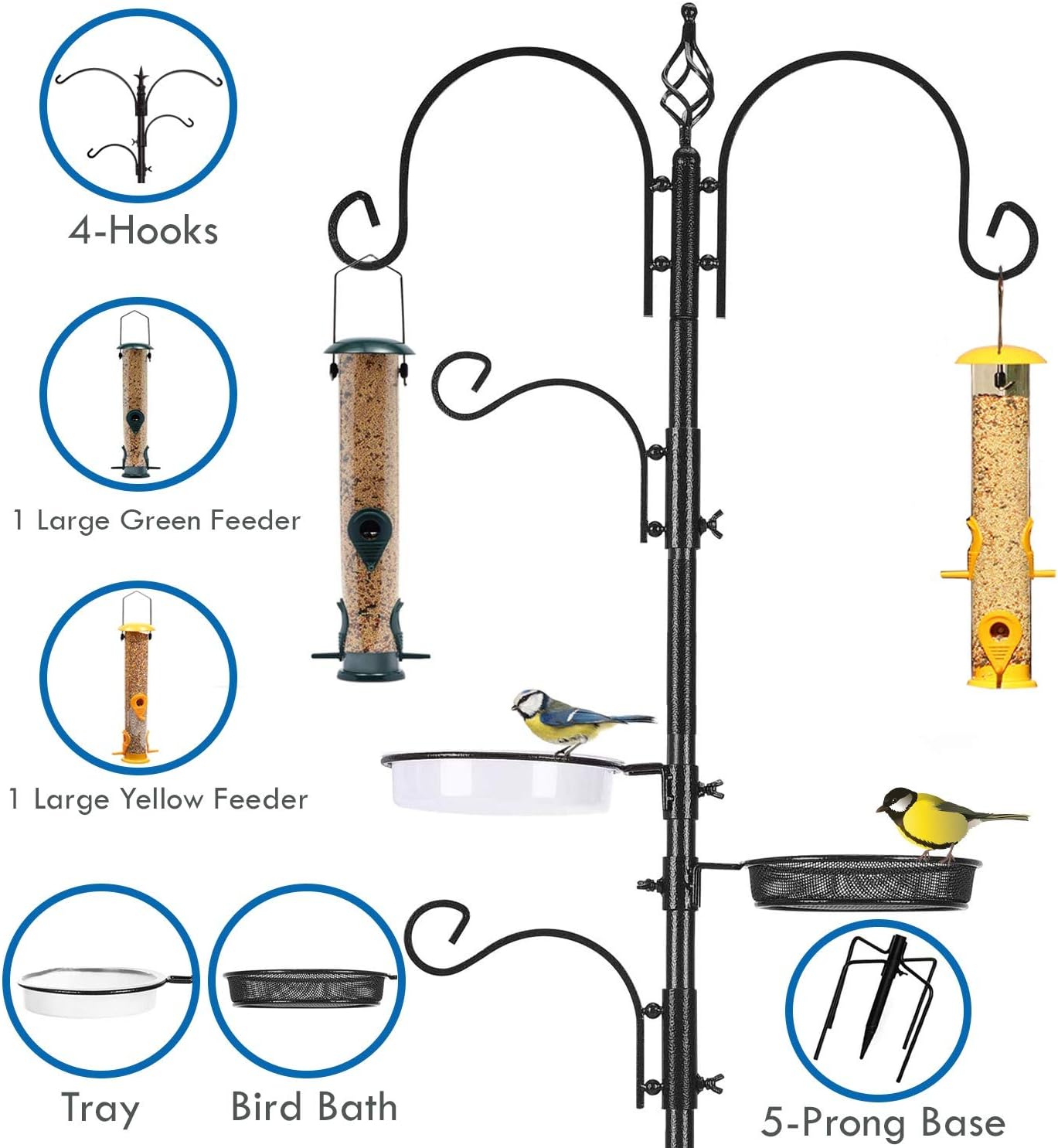 Deluxe Bird Feeding Station with 2 Bird Feeders Included for Outside - Multi Feeder Pole Stand Kit with 4 Hangers, Bird Bath and 5 Prong Base for Attracting Wild Birds - 22 Inch Wide x 92 Inch