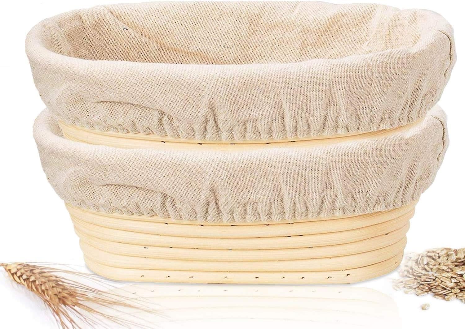 2 Pcs Banneton Bread Proofing Baskets, 25cm Oval Sourdough Proofing Basket with Linen Cloth Liner for Artisan Bread Making for Professional and Home Bakers