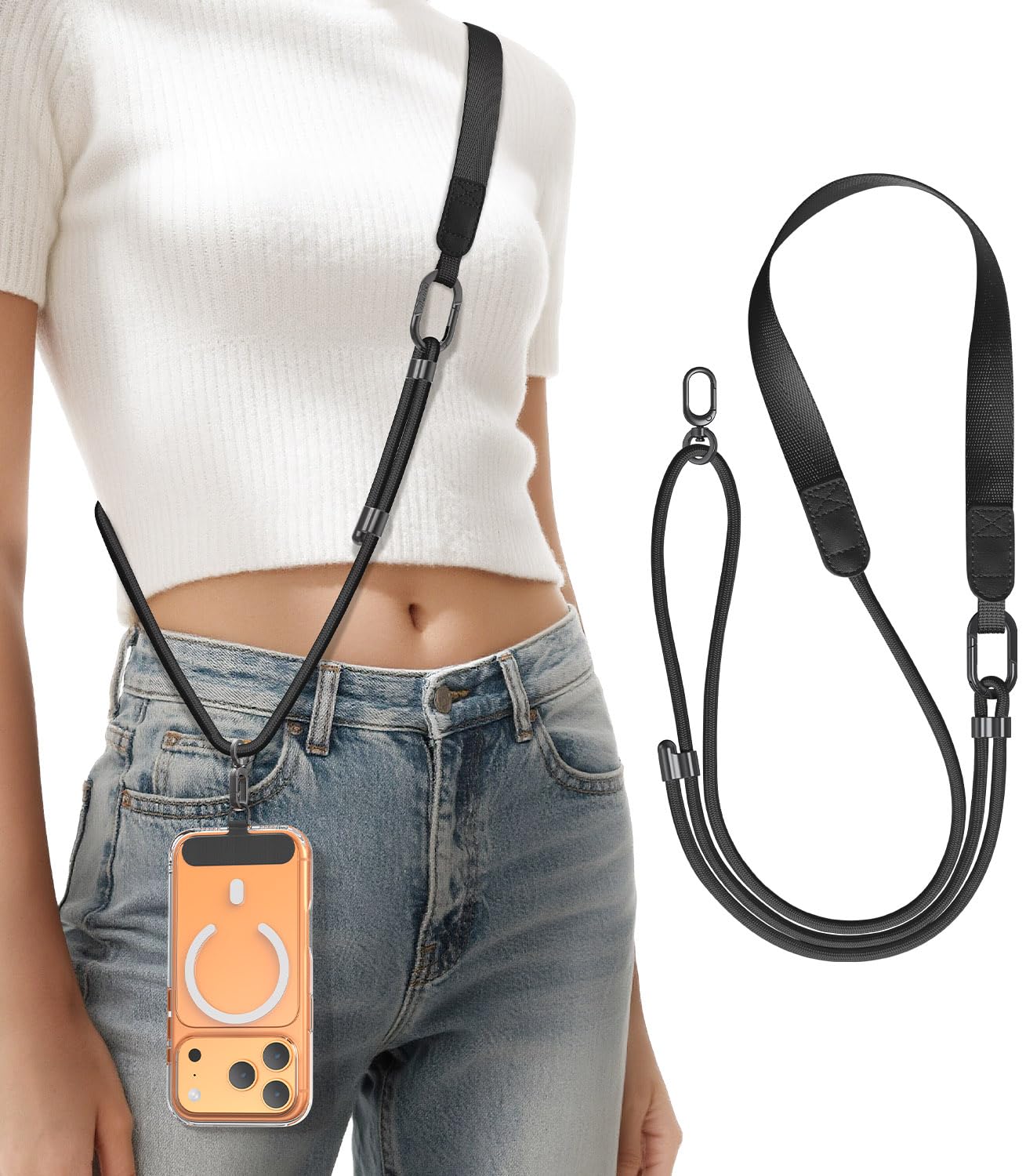 Niunisi Phone Lanyard Crossbody with Phone Tabs, Adjustable Cellphone Lanyard with Skin-Friendly Neckband and Metal Carabiner, Black