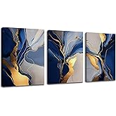 RUIFENGL Blue Abstract Canvas Prints Wall Art Decor- Blue and Gold Artwork Paintings Pictures for Bedroom Living Room Bathroom Home Office Wall Decoration Office Poster 12"x16"x3 Panels