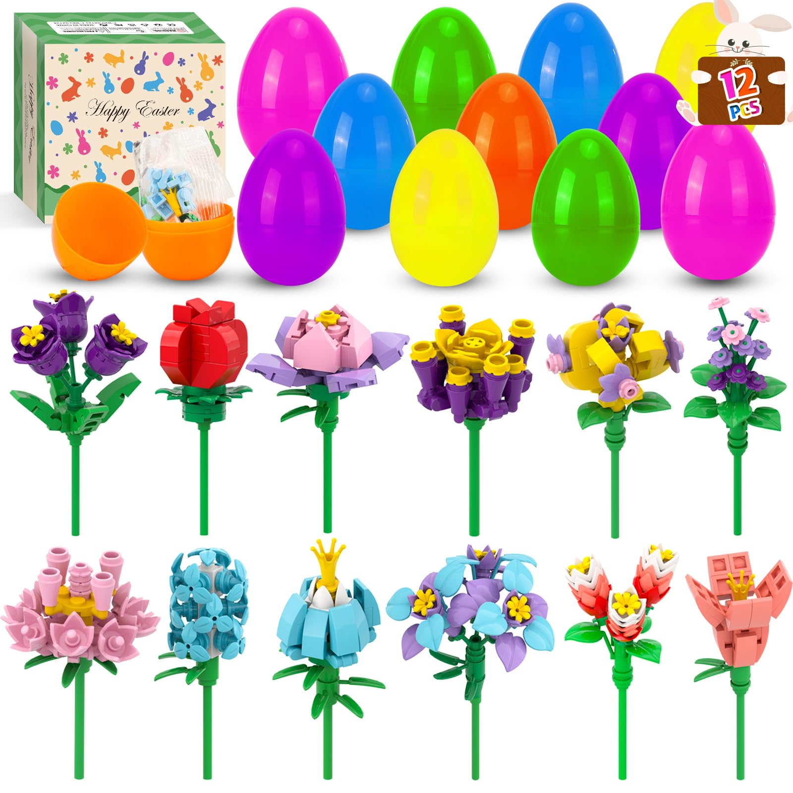 DREACAREFT Easter Basket Stuffers - 12pcs Prefilled Plastic Easter Eggs with Flower Building Blocks Toys Inside for Teens Kids Girls Boys Egg Hunt Prizes, Party Favors and Classroom Gifts