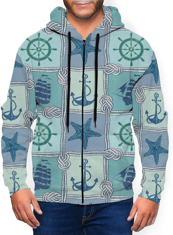 Nautical Rope Starfish Sailing Anchor Men's Full Zip Up Hoodie All Over