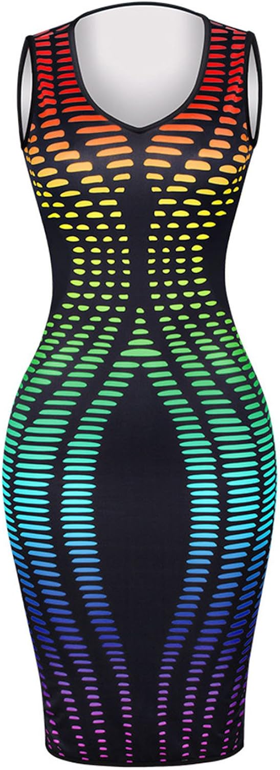Vivilover Women's Sexy V-Neck Party Dresses Sleeveless Stripe Print Bodycon Midi Club Dress: Clothing