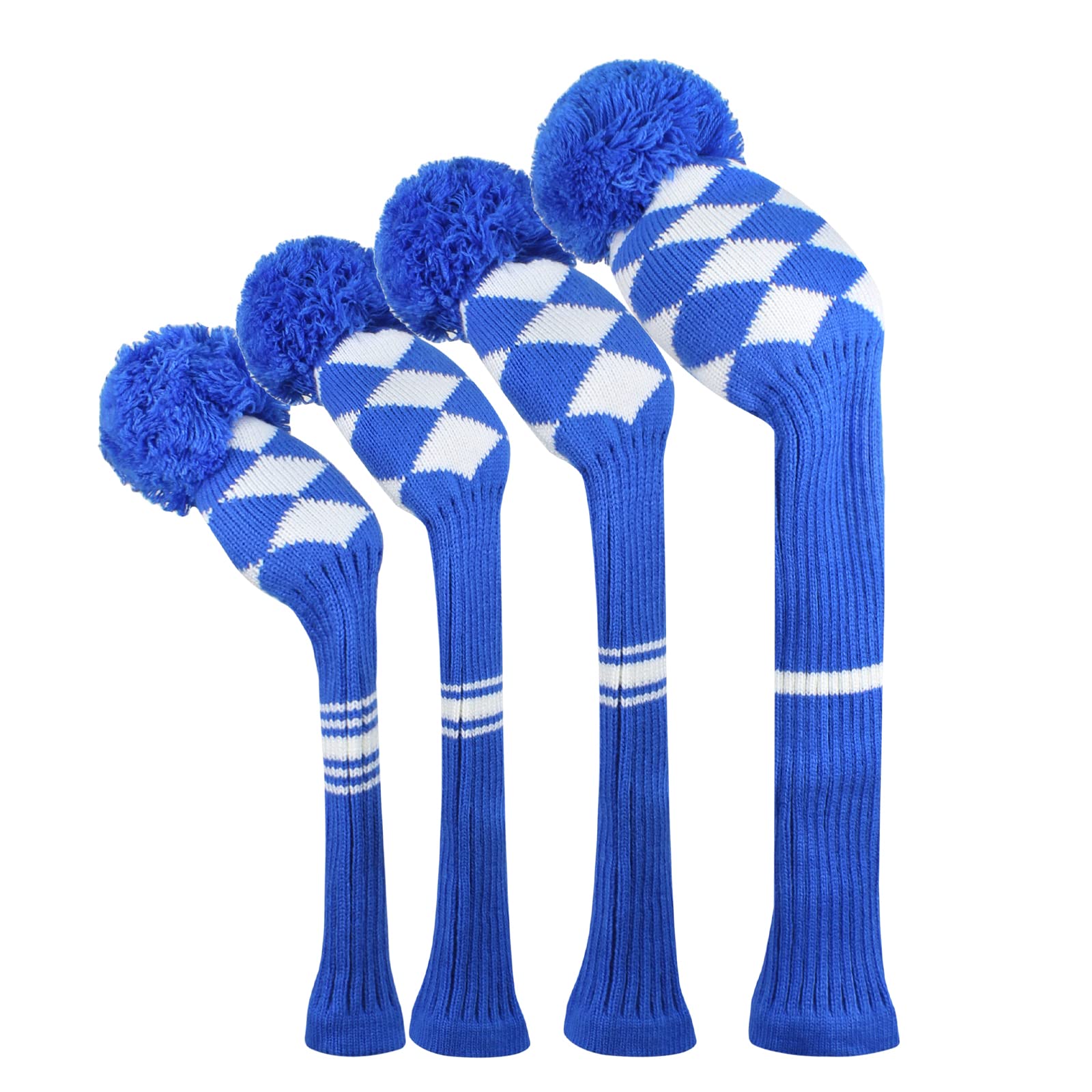 Knit Woods Golf Head Covers - Set of 4, Blue White Lattice, Fit Driver (460CC) Fairways Hybrid/UT. Soft and Elastic, Protect Golf Club and Shaft