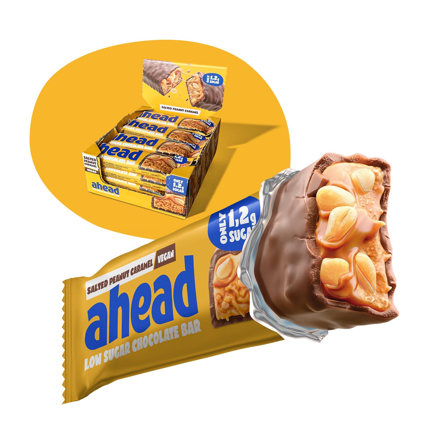 AHEAD Veganer Süßigkeiten Riegel – Salted Peanut Caramel – 16 x 35g – Keto Riegel mit zuckerfreier Schokolade – nur 5g Net Carbs pro Low Carb Süßigkeit - Verbesserte Rezeptur
