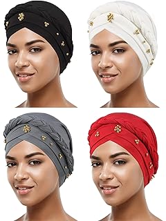 SATINIORSATINIOR 4 Pieces African Women Turban Cap Head Wraps Beaded Headscarf Beanie Wrap