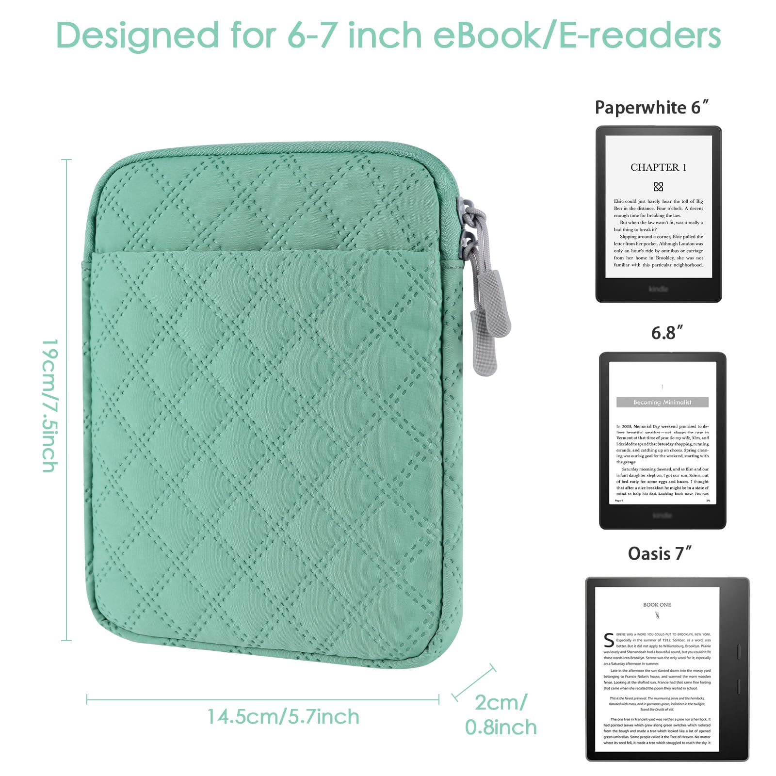 Padded Sleeve Case for 6-7 Inch E-Reader, Tablet Protective Cover Pouch Bag Compatible with Oasis 7/Paperwhite/ebook (Green)