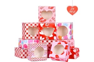 MOORAY 24 Pcs Valentines Day Bakery Treat Boxes 4.5 x 4.5 x 2.5 Inches Valentines Cupcake Boxes Valentine's Cookie Boxes Party Favors for Kids School Classroom Supplies Gift Giving