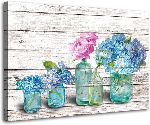 Amazon Com Kitchen Wall Decor Canvas Print Beautiful Watercolor Style Colorful Flowers In Mason Jar Floral Print Wall Decor Dining Room Bathroom Bedroom Printed Canvas Wall Art 12x16inch Posters Prints