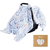 TILLYOU Baby Car Seat Cover, Breathable Muslin Cotton Infant Car Seat Cover, Lightweight Canopy with Sun and Bug Protection(Blue Flower)