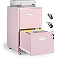 Kubohogar 2 Drawer Mobile File Cabinet with Lock, Pink Metal Filing Cabinets with Wheels, Vertical Rolling File Cabinet Fit Hanging Files, Letter and A4 Documents