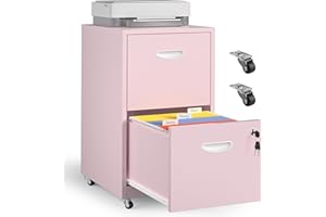 Kubohogar 2 Drawer Mobile File Cabinet with Lock, Pink Metal Filing Cabinets with Wheels, Vertical Rolling File Cabinet Fit Hanging Files, Letter and A4 Documents