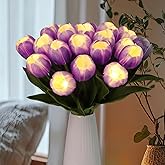 HOMESEASONS 20pcs LED Lighted Artificial Flowers Tulip Lamp Real Touch Tulips Faux Flower Lights for Valentine's Day and Easter Home Kitchen Wedding Dining Table Decor(Purple)