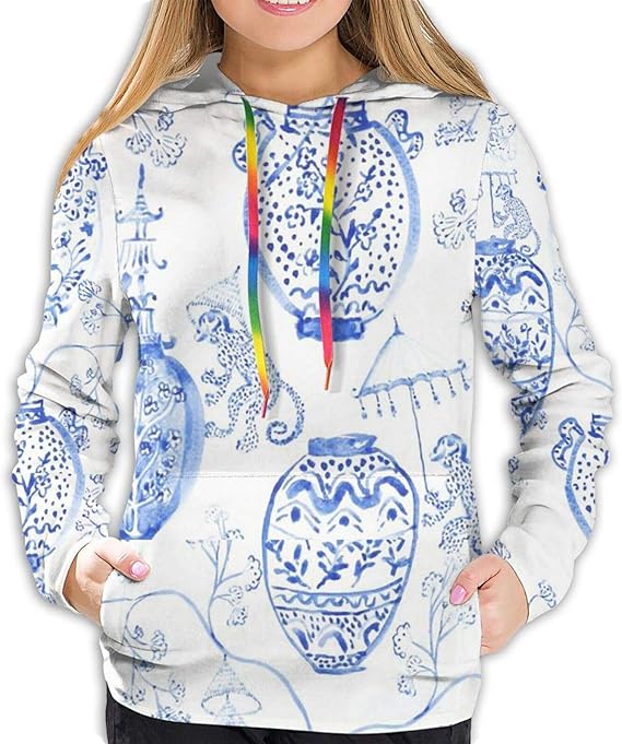 Amazon Co Jp 手描き水彩シノワズリ花瓶秋冬 パーカー レディース 暖かく保つ プルオーバー 長袖 カジュアル スポーツ ゆったり フード付きカラーハットロープ 服 ファッション小物