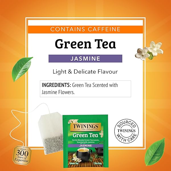TWININGS GREEN TEA WITH JASMINE INDIVIDUALLY WRAPPED BAGS, 20 COUNT (PACK OF 6), FRAGRANT FLORAL SCENT, CAFFEINATED, ENJOY HOT OR ICED, 120 TEABAGS