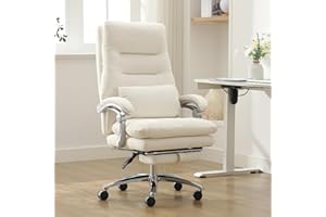 BOWTHY Office Chair with Foot Rest - High Back Executive Chair with Padded Linkage Armrests, Reclining Desk Chair with Wheels, Comfy Chair with Double Thick Cushion (Cream White)