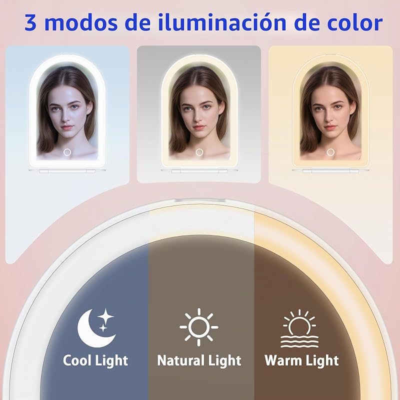 Espejo Maquillaje con Luz 1X/10X, Espejo Aumento con 3 Luces de Color, Control Táctil, Recargable Portátil Espejo para Dormitorio y Baño
