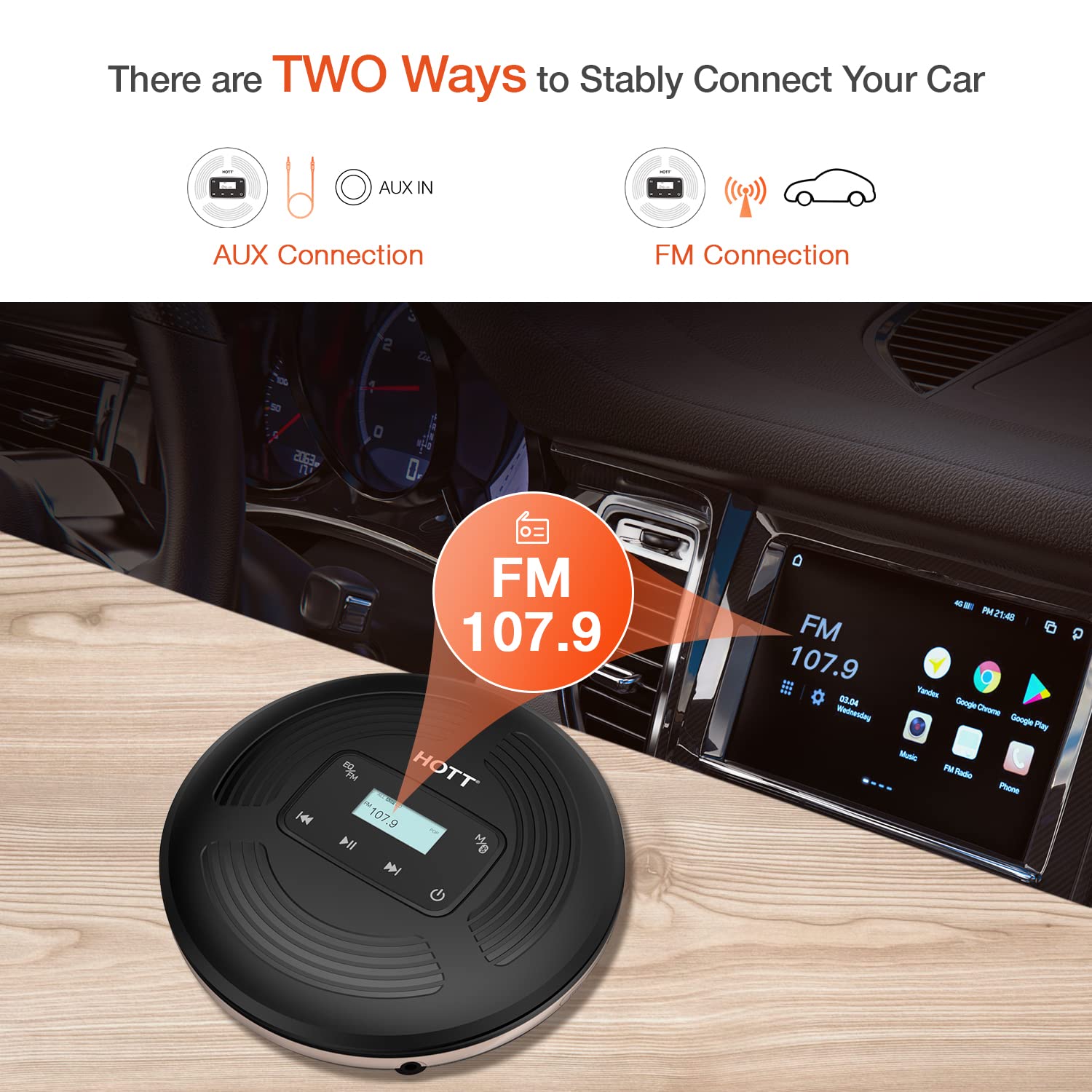 HOTT CD903TF Portable CD Player with Bluetooth and FM Transmitter with Touch Buttons Backlight,Rechargeable with AUX Cable,CD Player Shockproof for Car