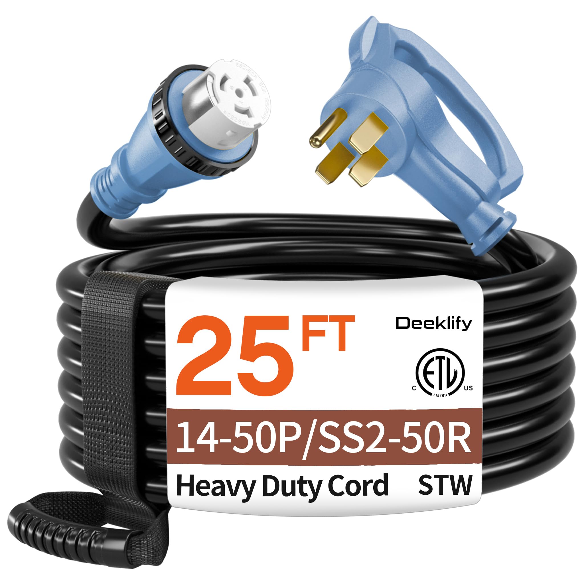 Photo 1 of 25FT 50 Amp Generator Cord, NEMA 14-50P/SS2-50R Heavy-Duty 4 Conductors Cable, Pure Copper STW RV Extension Cord, Female Plug with Twist Lock, Suitable for RV or Camper, ETL Listed