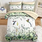 Nesker Comforter Set Queen Size, Watercolor Nature Leaf 7 Pcs Bedding for Kids and Adults, Hummingbird Greenery Bed Sheet Sets with Fitted Sheet 2 Pillowcases & 2 Shams