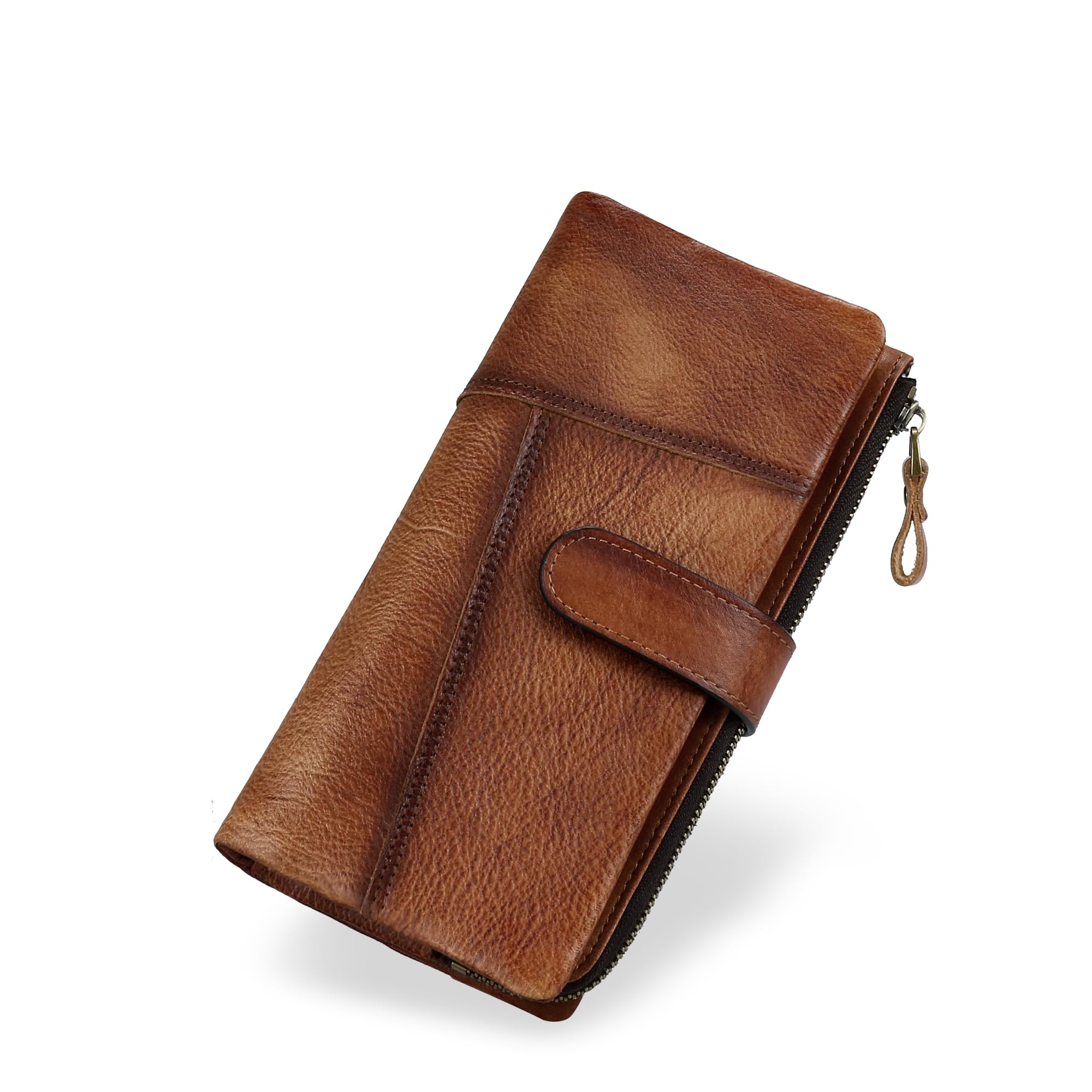 LETEULO Woman's RFID Wallet Leather Card Holder with Zipper Splicing Retro Style Brown