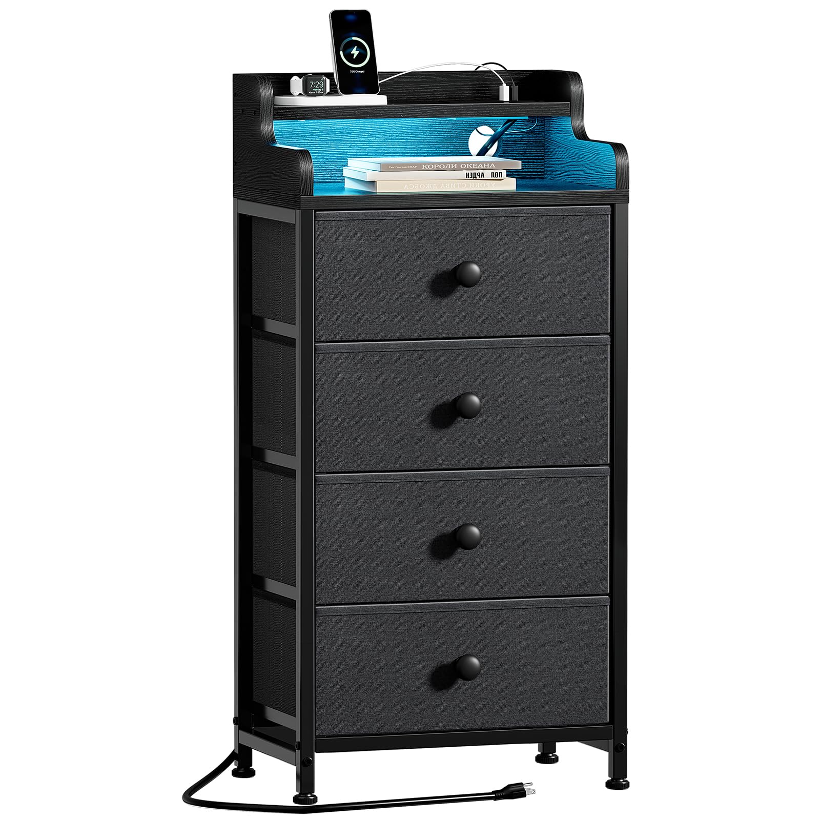 Photo 1 of (used)(incomplete) REAHOME Nightstand with Charging Station and LED Light, Tall Dark Grey Night Stand with 4 Drawers and 2-Tier Shelf, Bedside Table