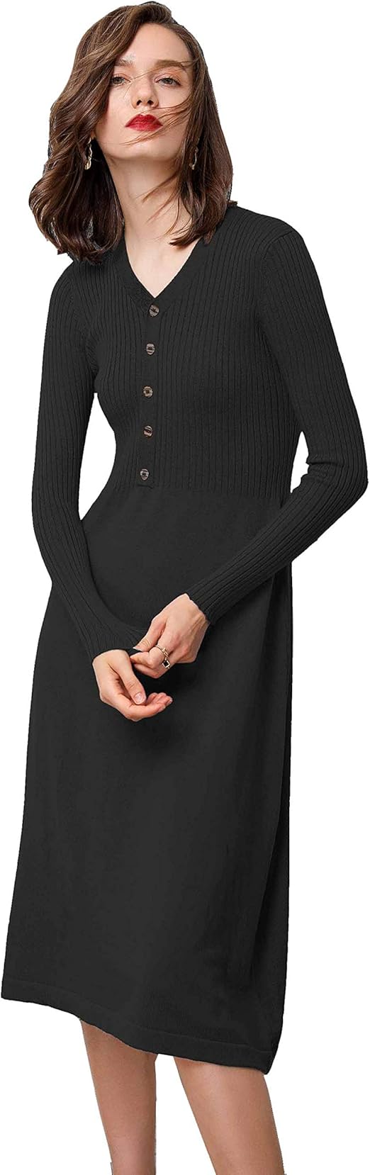 Cashmere Sweater Dress Women Ribbed Elbow V Neck Button Down A-Line Midi Sweater Dress Spring 
