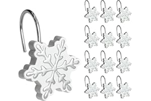 Sunlit Christmas Shower Curtain Hooks Silver Snowflakes Shower Curtain Rings, Resin, White Christmas Decor, Winter Bathroom Decoration - 12 Pack