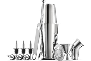 FINEDINE Expert Cocktail Shaker Home Bar Set - 14 Piece Stainless Steel Bar Tools Kit with Shaking Tins, Flat Bottle Opener, Double Bar Jigger, Hawthorne Strainer, Shot Glasses, Bar Spoon, and 6 Pour Spouts.