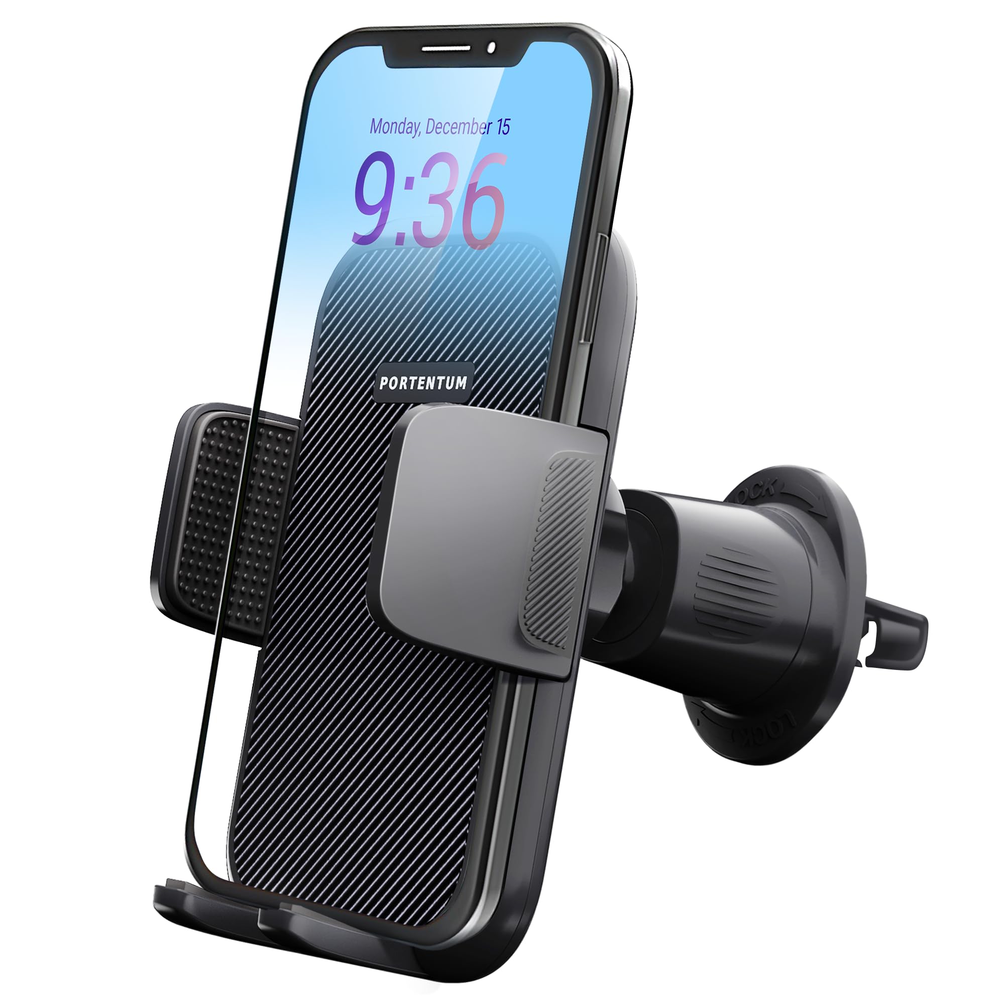 PORTENTUM Car Phone Holder, Air Vent Car Phone Mount Cradle 360° Rotation - Upgraded Hook Clip and One Button Release Function - Super Stable Phone Holder Compatible with 4.0 to 7 inches Phones