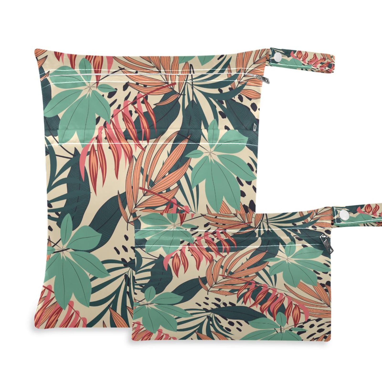 JUMBEAR Vintage Flower Leaves Wet Dry Bags Sets Waterproof Reusable Travel Beach Baby Cloth Diaper Wet Dry Bags Organizer with Two Zippered Pockets for Swimsuit and Gym 2PCS