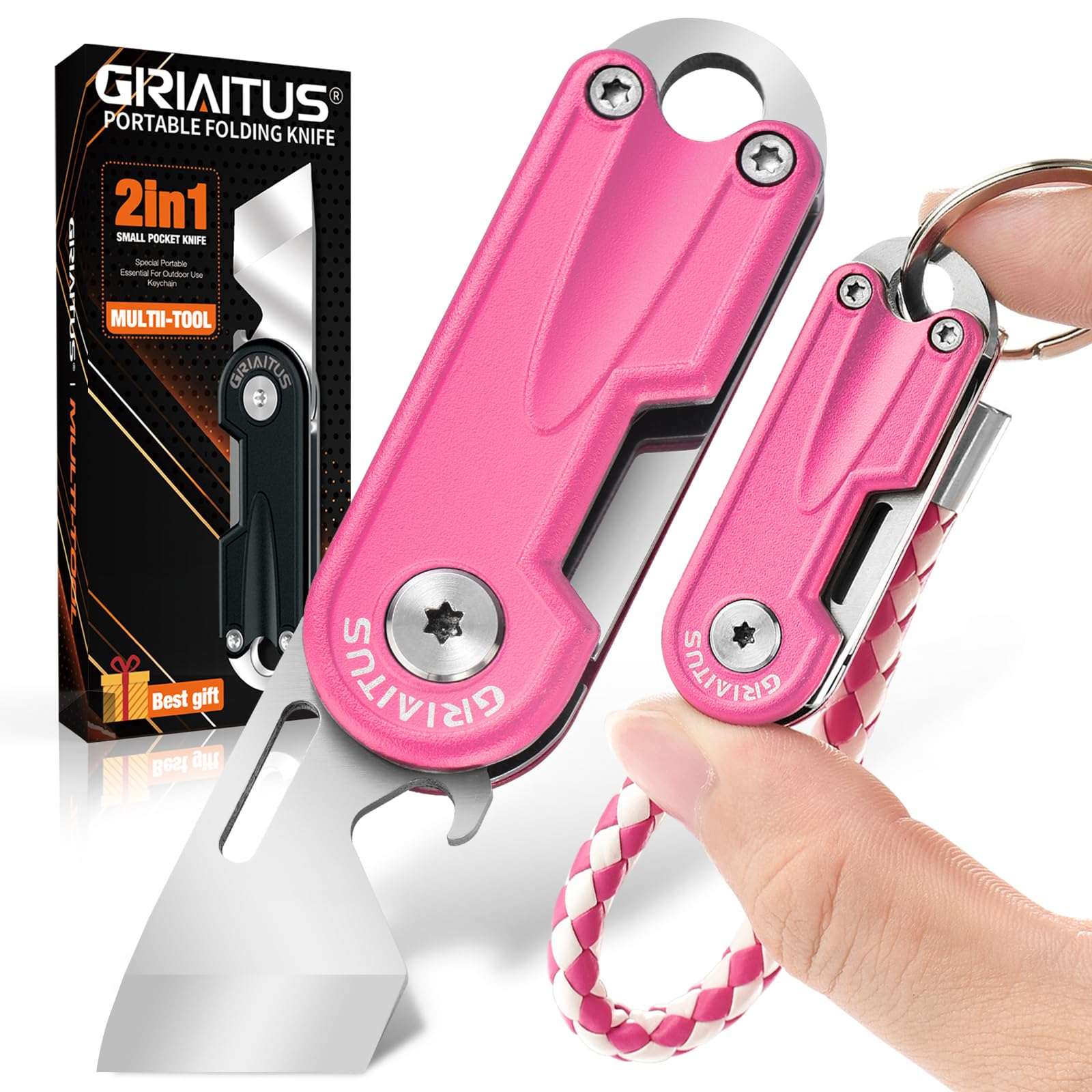 Photo 1 of Multitool Pocket Knife, Small EDC Folding Pocket Utility Knives Bottle Opener with Rail Lock Multi Mini Box Cutter, Pocket Keychain Gifts for Women Everyday Carry (pink)