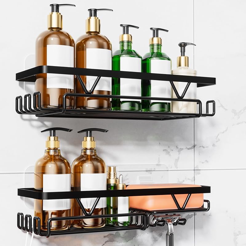KEGII 2 Pack Adhesive Shower Caddy Black Stainless Steel Shelf 5KG Load